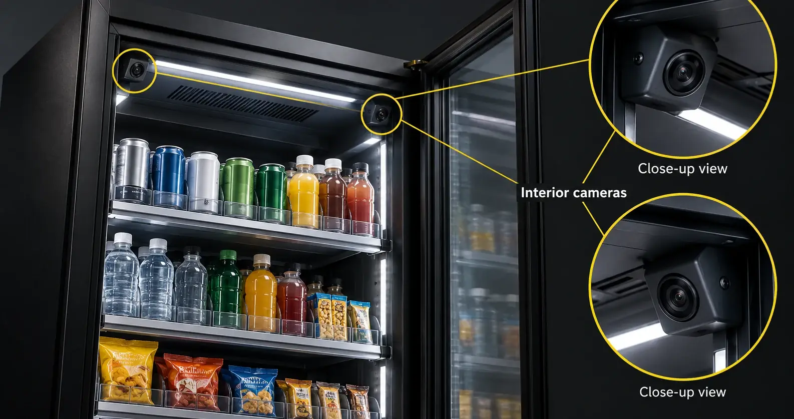 Inside a smart cooler with two interior cameras highlighted