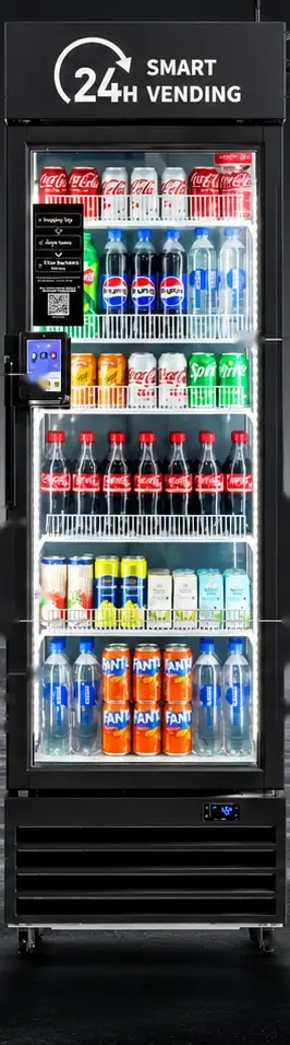 Single-door AI smart cooler stocked with drinks