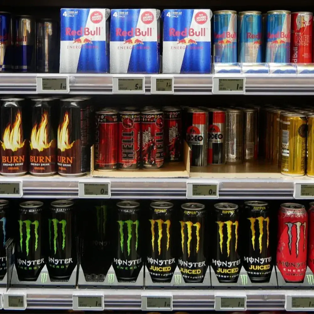 Energy drinks and sodas stocked in a cooler