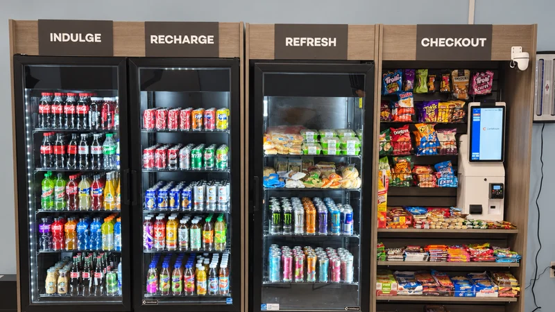 Micro market with snack, drink and checkout sections