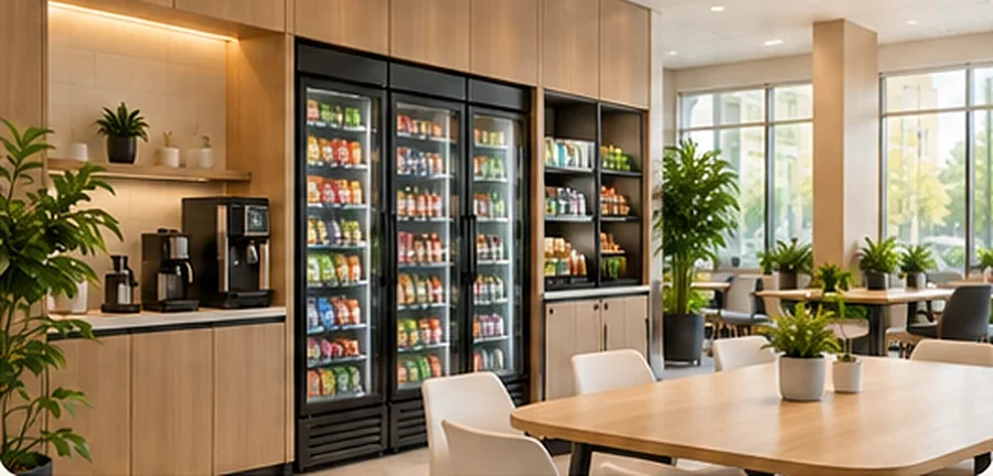 Office breakroom with a micro market and coffee station