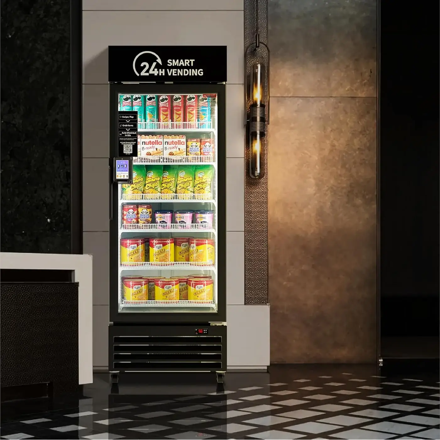 Single-door AI smart cooler stocked with snacks in a modern hallway