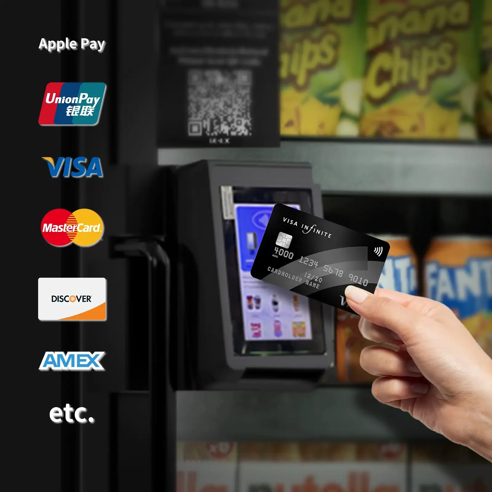 Card being tapped on a smart cooler card reader, with accepted card logos