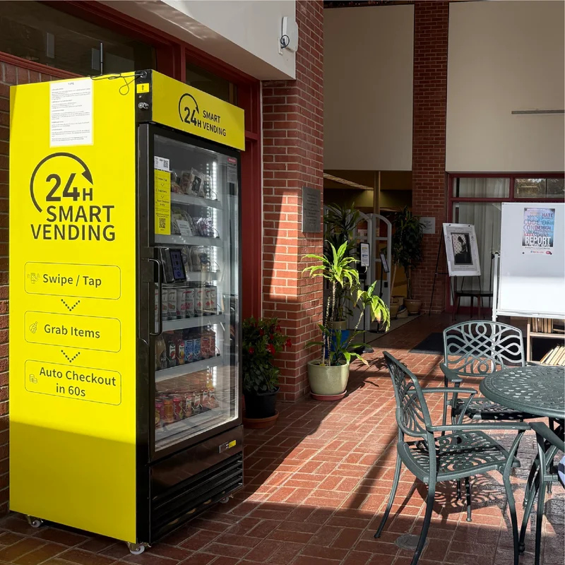 Smart cooler with a custom wrap in a building lobby
