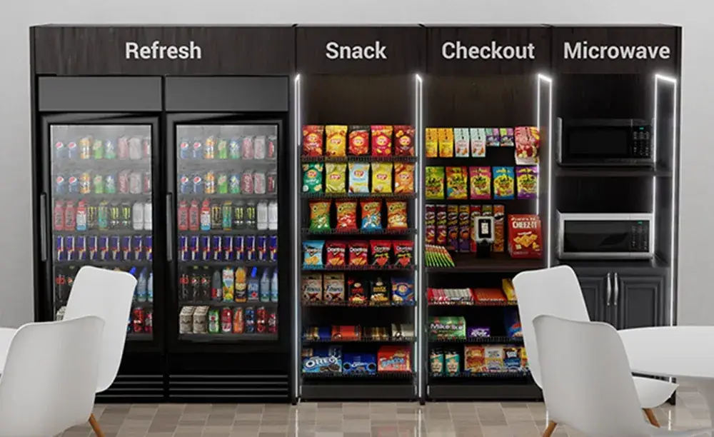 Breakroom market with refresh, snack, checkout and microwave sections