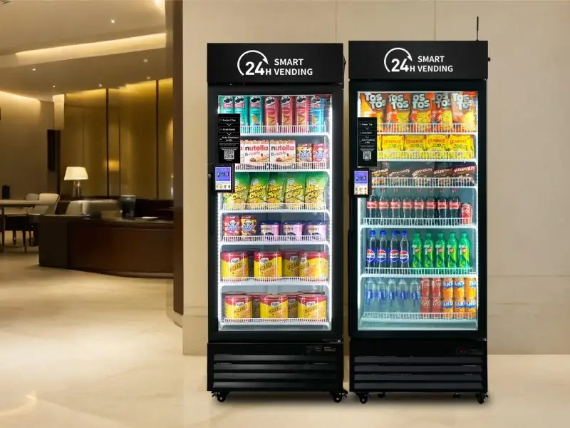 Two AI smart coolers stocked with snacks and drinks in a hotel lobby